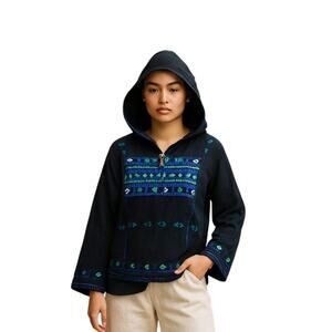 Free People Black Blue Green Embroidered Hooded Bell Sleeve Top Shirt BOHO M